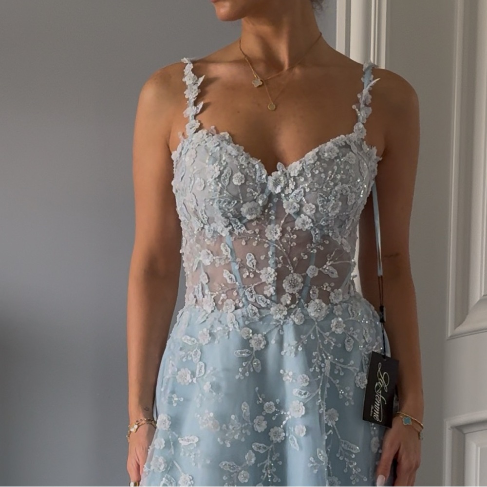 La Femme Blue Sleeveless Maxi Gown